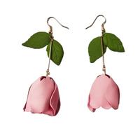 Tulip Flower Earring Rose Flower Tassel Dangle Earring Camellia Floral Green Leaf Drop Earring for Women, Metal, no gem