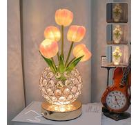 Tulip Flower Lamps, 3 Colors Touch Stepless Dimming Crystal Night Light, Rechargeable Artificial Flower Light, LED Flower with Vase Lamp Romantic Decor for Date Party Home (Tulip1-Pink)