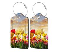 Tulip Flower Sunset,Luggage Tags Pu Leather Name Tag Travel Suitcase Identifier ID Tags Durable Luggage Label 2 pcs