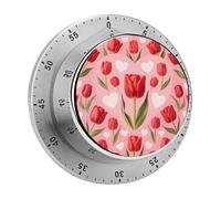 Tulip Heart Pattern Kitchen Timer Visual Timer for Cooking 60 Minute Wind Up Timers Stainless Steel Manual Magnetic Countdown Visual Mechanical Timers Cooking Clock with Loud Alarm