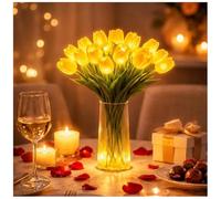 Tulip LED Table Lamp, Battery Operated Flower Night Light with Vase, 15PCS Artificial Tulip Light for Bedroom Living Room Decor, Romantic Ambient Light as Gift for Women, Girls(Yellow,Includes vase)