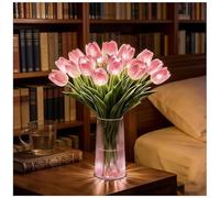 Tulip LED Table Lamp, Battery Operated Flower Night Light with Vase, 15PCS Artificial Tulip Light for Bedroom Living Room Decor, Romantic Ambient Light as Gift for Women, Girls(Pink,Includes vase)