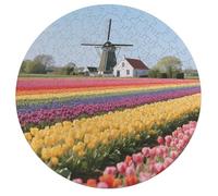 Tulip Rainbow Field Personalized Jigsaw Puzzles, 195Pcs Custom Wooden Jigsaw Puzzle Round Puzzle Gift Adult