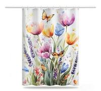 Tulip Shower Curtain 90 x 180 cm, Waterproof Shower Curtain Quick Dry Bath Washable Polyester Fabric, Extra Long Weighted Hem with 12 Hooks Bathroom Decor, Gifts for Women, Butterfly Curtains,Model879