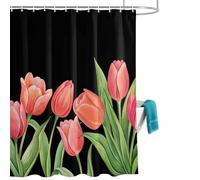 Tulip Shower Curtain for Bathroom, Rustic Watercolor Pink Tulip Spring Floral Leaves Black Waterproof Cloth Fabric Bathroom Accessories Set with 12 Rust Proof Plastic Hooks, 60” x 72”