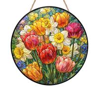 Tulip Sun Catchers for Windows, Spring Daffodil Acrylic Suncatcher, Stained Glass Window Hanging Ornament, 2D Flat Hanging Garden Ornament Suncatchers for Home Window Wall Decoration