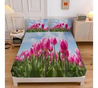 Tulip Super King Fitted Sheet Fresh Flowers Pattern Fitted Sheet - Deep Pocket 30cm Soft Microfibre Fabric - Shrinkage and Fade Resistant Bedding - Bottom Sheet sd1568
