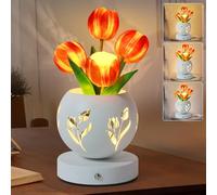 Tulip Table Lamp, 3 Colors Touch Stepless Dimming Artificial Flower Night Light, USB Rechargeable Flower with Vase LED Desk Lamp, Metal Vase Lamp Table Centerpieces for Home Living Room Decor