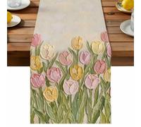 Tulip Table Runner, Spring Rustic Pink Yellow Flower Oil Painting Cotton and Table Linen Runner for Kitchen Dining Home Decor for Party Festival Holiday Decoration Gift 13x70in