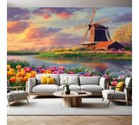 Tulip Wall Mural 250 x 180 cm Beautiful Windmills in The Countryside Non-Woven Art Print Wallpaper Mural for Walls Living Room Bedroom TV Background Boys Girls Kids Rooms Decoration