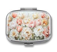 Tulips and Peonies in Pinks Whites Yellow Pill Box 2 Compartment Portable Medicine Pill Case Travel Pill Organizer for Pocket Purse