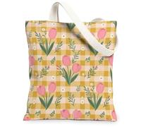 Tulips Canvas Tote Bag for Women, Spring Floral Chrysanthemum Leaf Spring Yellow Washable Reusable Graphic Tote Bag Ideas for Shopping Trips Office Library Casual 13x15 Inch