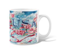 Tulips Ceramic Coffee Mug, Patriotic Fanciful Ribbon Cloud Summer Blue Novelty Hot Chocolate Mug with Handle Ideal for Friends Family Co-Worker Lovers Eldership Senior 11 Oz