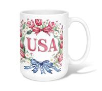 Tulips Ceramic Coffee Mug, Patriotic Floral Bow Flower Summer Red Novelty Hot Chocolate Mug with Handle Ideal for Friendship Family Colleague Staff Sweetheart Teachers 15 Oz