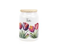 Tulips Ceramic Tea Storage Canister - Pink & Purple Floral Gifts for Gardeners - Refillable Kitchen Storage Container & Wooden Lid 600ml (14.5cm x 9.5cm)