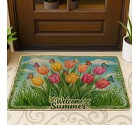 Tulips Door Mat, Summer Floral Butterfly Grass Summer Yellow Washable Low Profile Decorative Doormat Entryway Decor for Front Porch Bathroom Office 29x17 Inch
