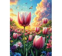 Tulips in A Blooming Meadow 500 Pieces Premium Jigsaw Puzzle Wildlife Pet Adult Jigsaws Educational Challenge Mental Exercise Wall Art Winter Durable Cardboard 500 PCS