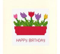 Tulips in a Red Flower Box - Happy Birthday Greeting Card, 14 Count Cross Stitch Kit 5.5" x 5.5" (1 Line, Ivory Linen Card)