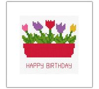 Tulips in a Red Flower Box - Happy Birthday Greeting Card, 14 Count Cross Stitch Kit 5.5" x 5.5" (1 Line, White Card)