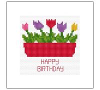 Tulips in a Red Flower Box - Happy Birthday Greeting Card, 14 Count Cross Stitch Kit 5.5" x 5.5" (2 Lines, White Card)