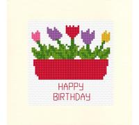 Tulips in a Red Flower Box - Happy Birthday Greeting Card, 14 Count Cross Stitch Kit 5.5" x 5.5" (2 Lines, Ivory Linen Card)