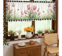 Tulips Kitchen Curtains, Country Rustic Pitcher Greenery Spring Peach Rod Pocket Window Valance for Small Rv Sink Area Narrow Window 18x52 Inch