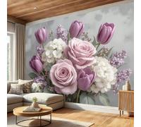 Tulips Roses Wallpaper - Realistic Flowers Wall Mural for TV and Sofa Background, Non-Woven Art Print Decoration Purple Wallpaper, for Living Room Bathroom Hallway, 350 x 256 cm