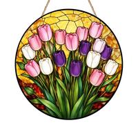 Tulips Suncatcher, Spring Tulip Garden Ornament Outdoor, Acrylic Stained Glass Style Sun Catchers for Windows, Colourful Hanging Ornament for Garden, Fence and Home Decor