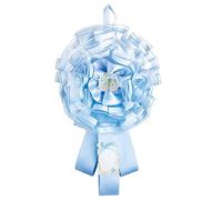 Tulle Birth Rosette Decorated with Polka Dot Ribbon, Satin Ribbon, Resin Decoration and Parchment Card for Writing Name and Date, Sky Blue Booties