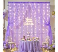 Tulle Curtain with LED Light Chain, Baby Shower Background, Wedding Transparent Curtain for Bachelorette Party, Birthday Party, Photo Shoot, Background Decoration (Lavender, 3.05x2.4m)