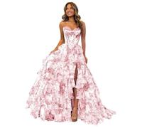 Tulle Floral Print Prom Dress Long Slit Corset Tiered Formal Dress Strapless Sweetheart Evening Gown with Pockets Blush Pink XXL