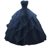 Tulle Formal Prom Ball Gowns with Strapless Long Ruffles High Waist Evening Gowns Navy UK16