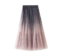 Tulle Maxi Skirt for Women - Shiny Star Sky Sequin Pattern, High Waist, Midi, Mesh, Gradient, Lightweight, One Size, Sparkly Swing A Line, Prom Pink