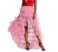 Tulle Petticoat Skirt Woman's Cake High Waist Skirt Pleated Skirt Bubble Skirt Long High Low Ruffles Party Tulle Skirt Sheer Skirts (Pink, One Size)