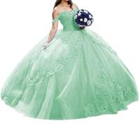 Tulle Princess Quinceanera Dress 3D Flower Puffy Feathered Beaded Sweet 16 Party Ball Gown Off Shoulder Mint UK6