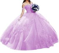 Tulle Princess Quinceanera Dress 3D Flower Puffy Feathered Beaded Sweet 16 Party Ball Gown Off Shoulder Lilac UK6