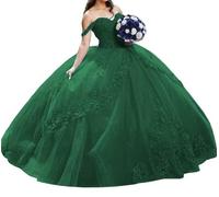 Tulle Princess Quinceanera Dress 3D Flower Puffy Feathered Beaded Sweet 16 Party Ball Gown Off Shoulder Green UK6