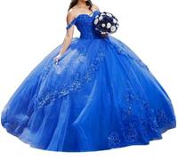 Tulle Princess Quinceanera Dress 3D Flower Puffy Feathered Beaded Sweet 16 Party Ball Gown Off Shoulder Royal Blue UK12