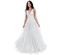 Tulle Prom Dresses for Women 2024 Sparkly Lace Appliques Long Ball Gowns with Spaghetti Straps A-Line Evening Dresses, White, 26 Plus