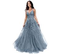 Tulle Prom Dresses for Women 2024 Sparkly Lace Appliques Long Ball Gowns with Spaghetti Straps A-Line Evening Dresses, Dusty Blue, 22 Plus