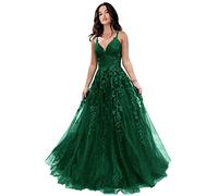 Tulle Prom Dresses for Women 2025 Sparkly Lace Appliques Long Ball Gowns with Spaghetti Straps A-Line Evening Dresses, Dark Green, 20