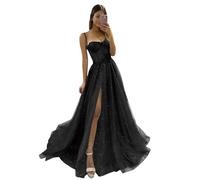 Tulle Prom Dresses Long Glitter Spaghetti Straps Party Dress Sweetheart A Line Formal Evening Ball Gowns with Slit Black S