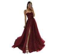 Tulle Prom Dresses Long Glitter Spaghetti Straps Party Dress Sweetheart A Line Formal Evening Ball Gowns with Slit Burgundy XXS