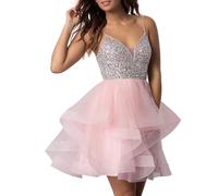Tulle Sequin Cocktail Party Gown Spaghetti Strap Backless Homecoming Dress Mini A-Line Sweet 16 Dresses for Junior Pink