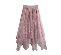 Tulle Skirts with Sequins and Star Pattern for Little Girls, Long Sequin Skirt, Tutu, High Low Skirt, Glittering A-line Skirt with Elastic Waist Trousers Chain, pink, 8-9 Years