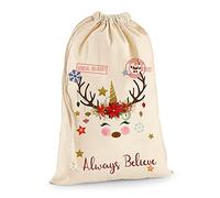 TULLUN Personalised Custom DIY Santa Christmas Natural Cotton Sack Bag Extra Large (75 x 49 cm 38 litres) with Drawstring for Xmas Holiday Presents - Unicorn Always Believe