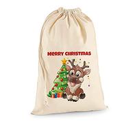 TULLUN Personalised Custom DIY Santa Christmas Natural Cotton Sack Bag Extra Large (75 x 49 cm 38 litres) with Drawstring for Xmas Holiday Presents - Reindeer
