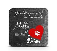 TULLUN Personalised Dark Grey Square Shape Memorial Plaque For Pet Cat Dog Slate Stone Rock Frame Paw Grave Marker - Size 3,94" x 3,94" or 100 x 100 mm - Red Heart