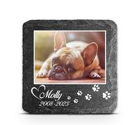 TULLUN Personalised Dark Grey Square Shape Memorial Plaque For Pet Cat Dog Slate Stone Rock Frame Paw Grave Marker - Size 3,94" x 3,94" or 100 x 100 mm - Photo and Paw print