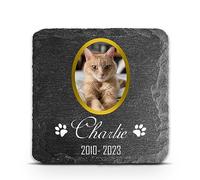 TULLUN Personalised Dark Grey Square Shape Memorial Plaque For Pet Cat Dog Slate Stone Rock Frame Paw Grave Marker - Size 3,94" x 3,94" or 100 x 100 mm - Gold Frame Photo